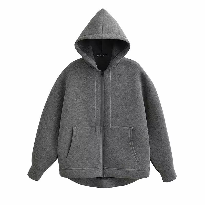 Autumn Women Gray Black Jacket with Hood Long Sleeve Zipper Jacket Coat Woman Loose Casual Big Pocket Outerwear Coat Tops