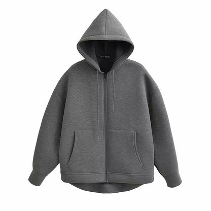 Autumn Women Gray Black Jacket with Hood Long Sleeve Zipper Jacket Coat Woman Loose Casual Big Pocket Outerwear Coat Tops