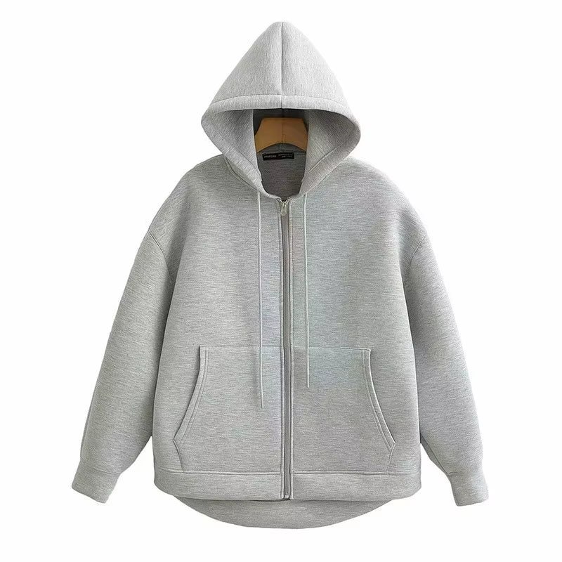 Autumn Women Gray Black Jacket with Hood Long Sleeve Zipper Jacket Coat Woman Loose Casual Big Pocket Outerwear Coat Tops
