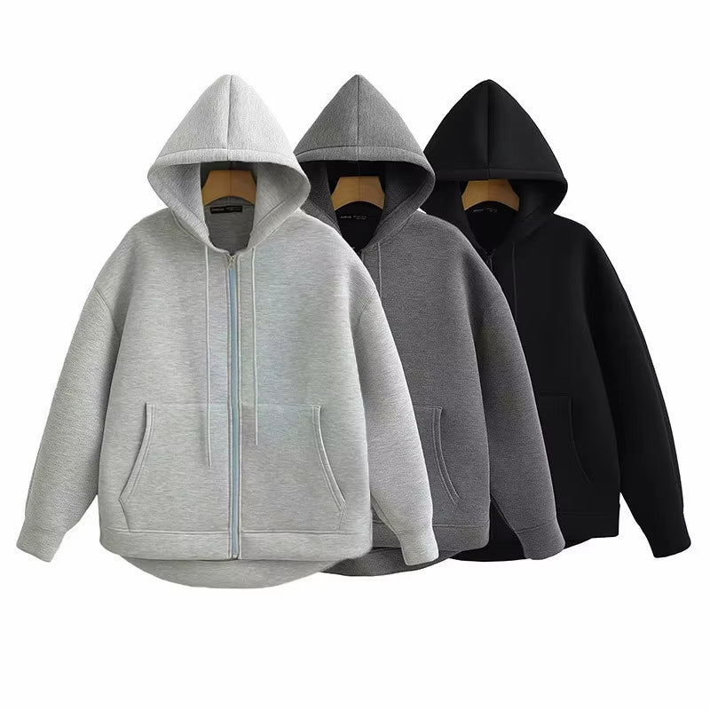 Autumn Women Gray Black Jacket with Hood Long Sleeve Zipper Jacket Coat Woman Loose Casual Big Pocket Outerwear Coat Tops
