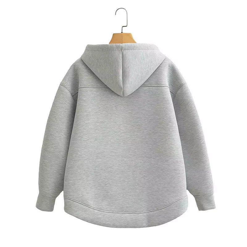 Autumn Women Gray Black Jacket with Hood Long Sleeve Zipper Jacket Coat Woman Loose Casual Big Pocket Outerwear Coat Tops